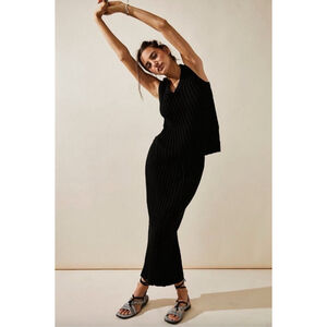 Free People FP Beach Ribbed Midi Sweater Skirt Cotton Linen Black Veda Small